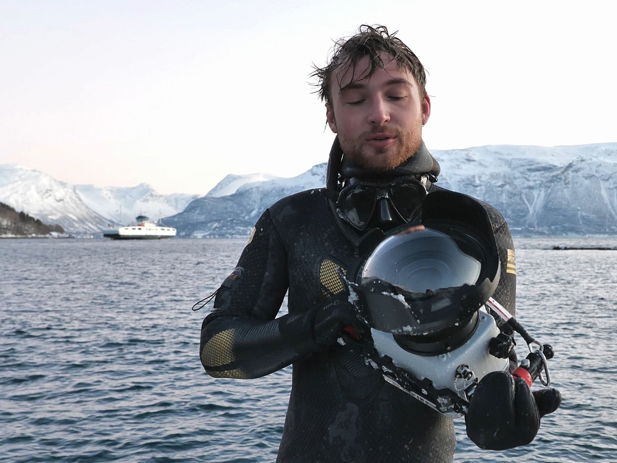 Ikelite Video Producer Logan Wood pictured with Sony Camera inside an Ikelite Underwater Housing in Norway