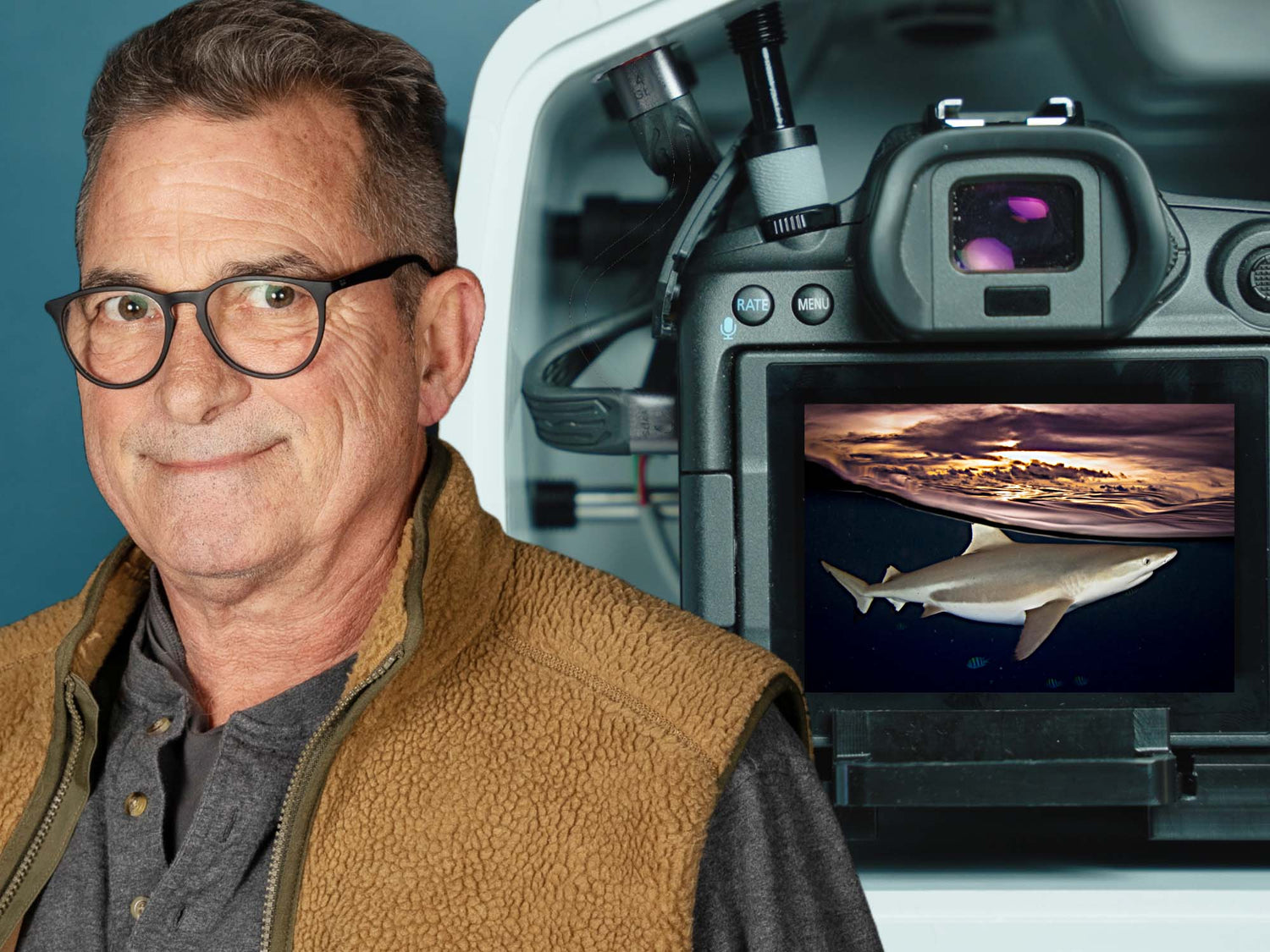 Steve Miller for Ikelite Underwater Systems pictured with a sunset shark split-shot underwater photo inside an Ikelite underwater housing