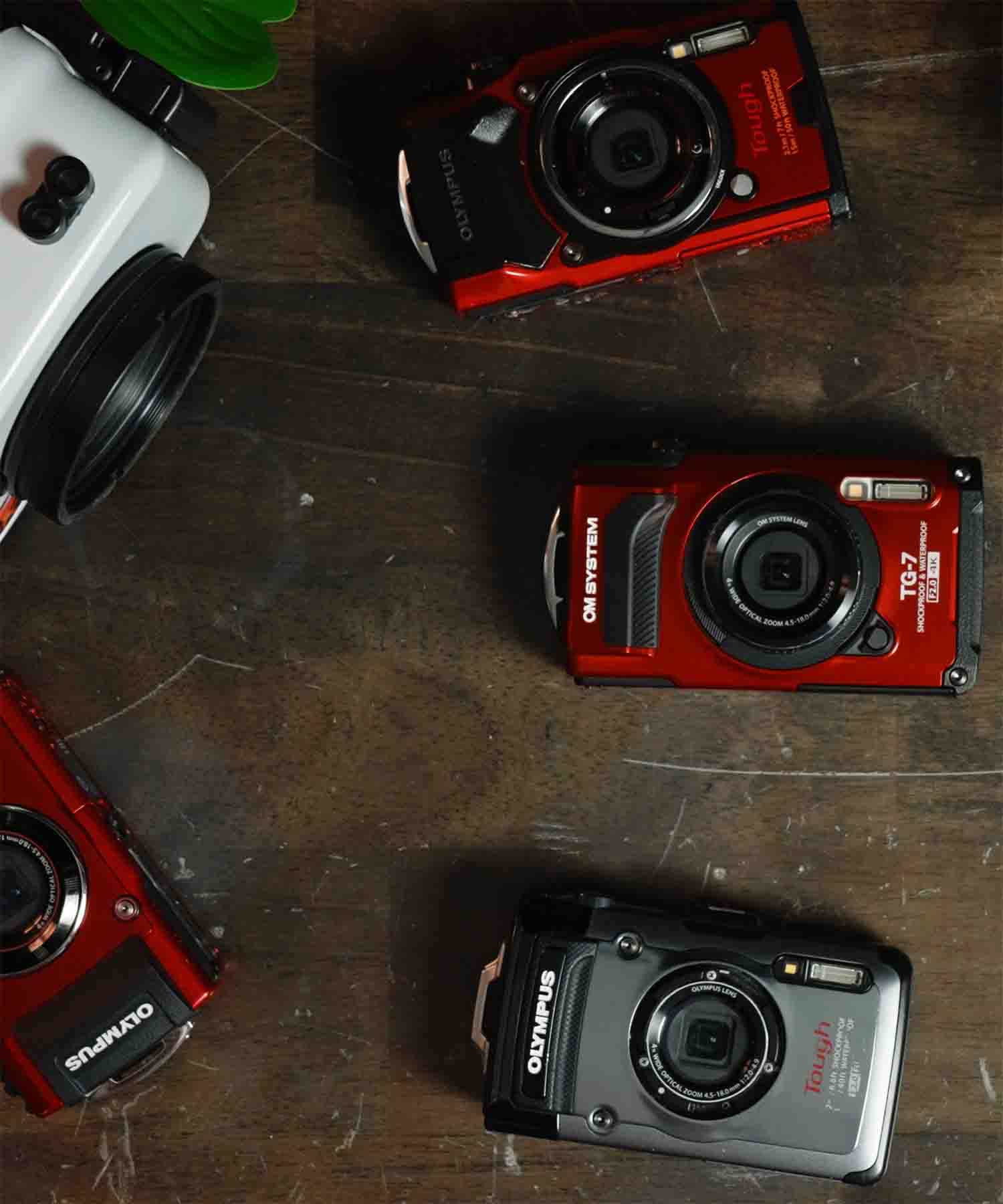 OM System Tough TG-7 cameras with Olympus Tough TG-6 and Ikelite Underwater Housing