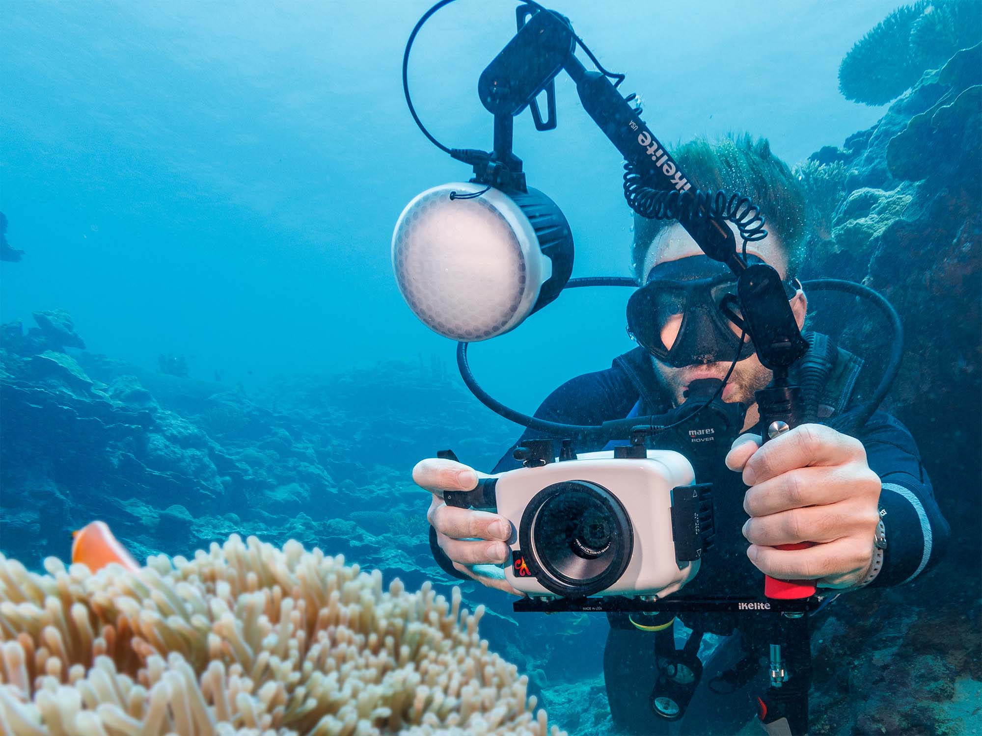 Logan Wood in Yap, Micronesia with the TG-7 inside Ikelite Underwater System housing with Ecko Strobe