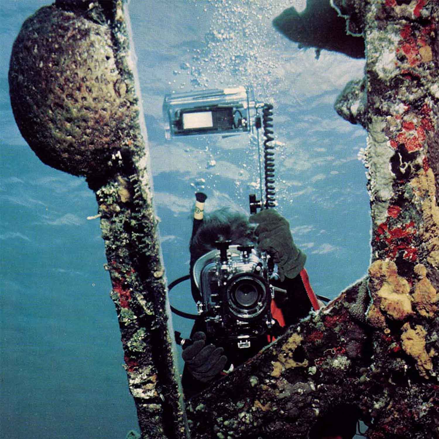 Model with Ikelite film SLR and flash housing in the 1970s